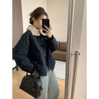 Damen Kurze Oversize-Bomberjacke mit Teddykragen und Druckknopfdetails Nord Taschen - Marineblau