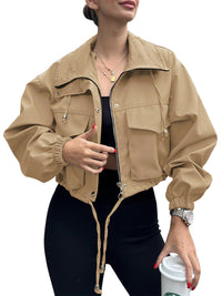 Damen Kurzjacke mit Kordelzug und elastischen Bündchen - Khaki