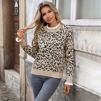 Damen Leopard-Print Rundhals Langarmpullover mit Rüsche - Khaki