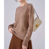 Damen Feiner Rundhals-Pullover aus Kaschmir-Mix mit gerippten Bündchen Nord Taschen - Warmes Camel