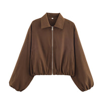 Damen Cropped Bomberjacke mit Ballonärmeln, elastischem Saum und Reverskragen Nord Taschen - Dunkelbraun