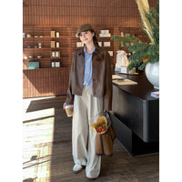 Damen Kurze Boxy-Lederjacke mit Hemdkragen Nord Taschen - Kaffeebraun