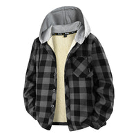 Herren kariertes Overshirt mit Kapuze, Brusttasche und Druckknopfverschluss - Schwarz-Grau