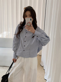 Damen Oversized Hemdbluse mit Streifenmuster und Ballonärmeln Nord Taschen - Blau gestreift
