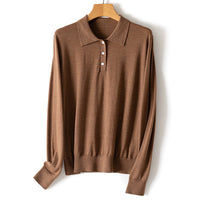 Damen Feiner Langarm-Polo-Pullover aus Feinstrick mit Knopfleiste Nord Taschen - Dunkelkamel