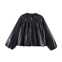 Damen Kurzjacke mit gerafftem Vorderteil, Ballonärmeln und Reißverschluss Nord Taschen - Schwarz