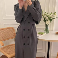 Damen zweireihiges Blazerkleid mit Puffärmeln und langem Revers - Grau