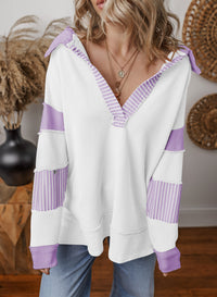 Damen Oversized V-Ausschnitt Gestreifter Sweatshirt - Weiß mit Lila