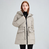 Damen mittellanger Thermoparka mit taillierendem Tunnelzug und Kapuze - Hellgrau