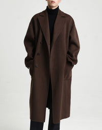 Herren Oversize Doppelreiher Wollmantel mit weitem Schnitt und klassischem Revers Nord Taschen - Kaffee-Braun 100% Wolle