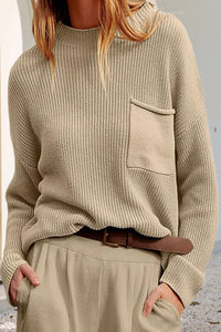 Damen Pullover mit Tasche, Rundhalsausschnitt und langen Ärmeln - Khaki