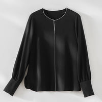 Damen Elegante seidenähnliche Bluse mit Kontrastpaspel und verlängerten Manschetten Nord Taschen - Schwarz