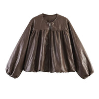 Damen Kurzjacke mit gerafftem Vorderteil, Ballonärmeln und Reißverschluss Nord Taschen - Dunkelbraun