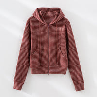 Damen Gestreifte Kapuzen-Zip-Strickjacke mit Eingrifftaschen und schmalem Rippbündchen Nord Taschen - Rot Gestreiftes Oberteil