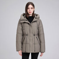 Damen wattierter Kapuzenparka mit taillierbarem Kordelzug und Rippbündchen - Grau