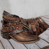 Damen Western Stiefeletten mit Schnallenriemen und Ketten - Braun
