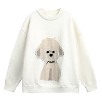 Damen Oversized Rundhals Pullover mit Hundemotiv - Wolken Weiß