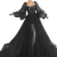 Damen Tüll Abendkleid mit voluminösen Ärmeln und seitlichem Schlitz - Schwarz
