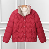Damen kurze Steppjacke mit Bogensteppung und Druckknopfblende - Rot