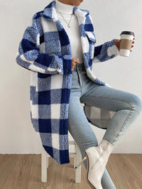 Damen Langmantel mit Karomuster und Taschen - Blau-Weiße Karos