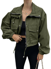 Damen Kurzjacke mit Kordelzug und elastischen Bündchen - Olivgrün