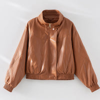 Damen Oversized Lederimitat-Bomberjacke mit Stehkragen und elastischem Saum Nord Taschen - Kürbisorange