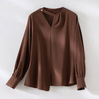 Damen elegante oversized Bluse mit asymmetrischem V-Ausschnitt und Manschetten Nord Taschen - Braun