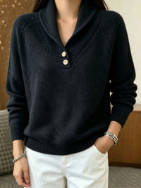 Martha | Damen Langarmpullover mit Knöpfen - Schwarz