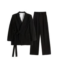 Damen Asymmetrisches Wickel-Blazer-Set mit Bindegürtel und weitem Bundfaltenhose Nord Taschen - Schwarz