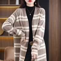 Damen Oversize Langcardigan mit Streifen - Beige-Kamel