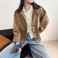 Damen Kurzjacke im Worker-Stil mit Cordkragen und aufgesetzten Pattentaschen Nord Taschen - Camel