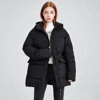 Damen mittellanger Thermoparka mit taillierendem Tunnelzug und Kapuze - Schwarz