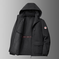 Herren gefütterte Softshell-Winterjacke mit Kapuze und Multifunktionstaschen - Schwarz