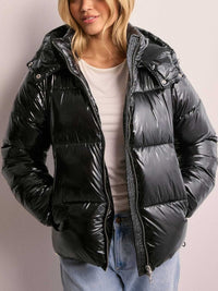 Damen Steppjacke mit verstellbarer Kapuze und Reißverschlusstaschen - Schwarz