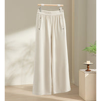 Damen Weite Satin-Loungehose mit elastischem Bund und Eingrifftaschen Nord Taschen - Beige-Apricot Hose
