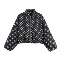 Damen Cropped Bomberjacke mit Ballonärmeln, elastischem Saum und Reverskragen Nord Taschen - Schwarz gepunktet