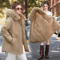 Damen kurzer Thermoparka mit abnehmbarem Kunstfellkragen und Taschen - Khaki