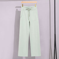 Damen Breite Baumwoll-Frottee-Loungehose mit hohem Bund und Tunnelzug Nord Taschen - Wellenmustergrün (Hose)