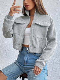 Damen cropped Freizeitjacke mit Taschen und Reißverschluss - Grau