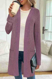 Damen Longline Langarm-Cardigan mit Taschen - Lila