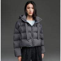 Damen Kurz geschnittene Boxy-Steppjacke mit voluminöser Kapuze und Kordelzug Nord Taschen - Dunkelgrau