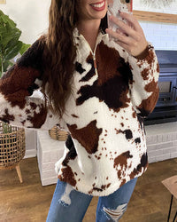 Damen Pullover mit Reißverschluss und langen Ärmeln - Dunkelbraun/Weiß