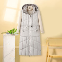 Damen lange Thermo-Steppweste mit Kapuze und Multifunktionstaschen - Offwhite