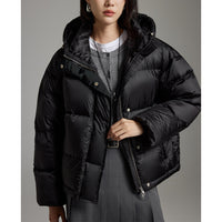 Damen Kurze boxy gesteppte Daunenjacke mit Kapuze Nord Taschen - Schwarz