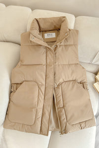 Damen wattierte Utility-Weste mit Stehkragen und großen Pattentaschen - Khaki