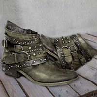 Damen Western Stiefeletten mit Schnallenriemen und Ketten - Grün