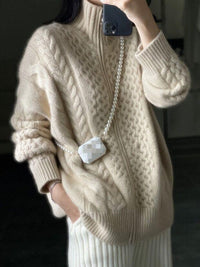 Damen Oversized Lang Pullover mit Stehkragen - Ecru