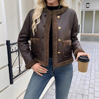 Damen Kurzjacke mit Kragen und aufgesetzten Taschen - Dunkelbraun