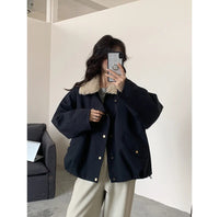Damen Kurze Oversize-Boxy-Jacke mit Teddykragen und Druckknopfverschluss Nord Taschen - Dunkelblau