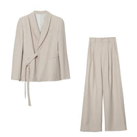 Damen Asymmetrisches Wickel-Blazer-Set mit Bindegürtel und weitem Bundfaltenhose Nord Taschen - Ecru